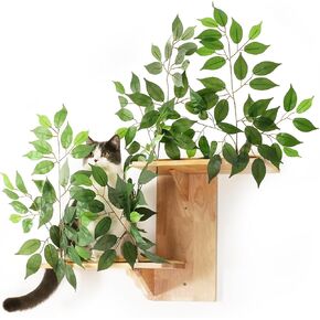 Meowoou Cat Wall Shelves with Leaves, 2 Platform Cat Wall Furniture, Cat Tree Wall-Mounted Shelves, Rubber Wood Cat Wall Perch with Mat, Cat Bridge for Climb, Nap, Play, Decor