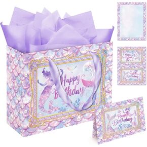 Okurishining 13" Mermaid Gift Bag with Handle, Girl Gift Bag Mermaid Birthday Gift Bag with Tissue Paper and Greeting Card, Reusable Birthday Bags for Kids, For Birthday Mermaid Theme Party Favor Supplies (pink-1)