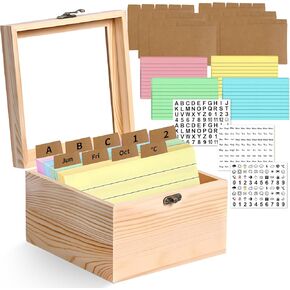Index Card Holder 3x5, Wooden Index Card Organizer Box with 30 Kraft Paper Dividers, 100 Notepad Cards and 3 Letter Sticker, Recipe Flash Card Holder for Home Office Orgainzer