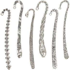 SUNNYCLUE 12Pcs 6 Styles Hook Bookmark Silver Hairpin Bookmark Bulk Alloy Retro Tibetan Chinese Style Flower Branch Bookmarks Findings with Hole Book Mark Blank for Crafts Jewelry Making Gifts DIY