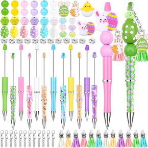 12 Set Easter Beadable Pens Plastic Bead Pens Eggs Rabbit Chick Colorful Bulk Ballpoint DIY Crafting Pens Making Kit with Pendants Lobster Clasps for Students Teens School Office Supplies