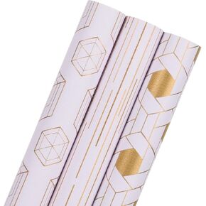 WRAP STORM Premium Gift Wrapping Paper - 3 Mini Rolls 17" x 120" - Gold and White Geometric Design for Christmas, Birthday, Wedding & All Occasions