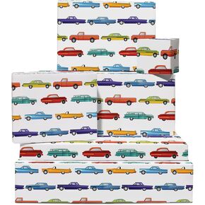CENTRAL 23 Car Wrapping Paper For Men - 6 Sheets White Gift Wrap - Vintage Cars - For Birthday Valentines Christmas Anniversary - Comes With Fun Stickers - Recyclable