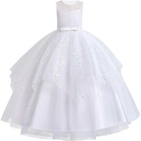IDOPIP Flower Girl Sequin Appliques Dress for Kids Wedding Pageant Party Long Gown Princess Birthday Communion Tulle Dresses