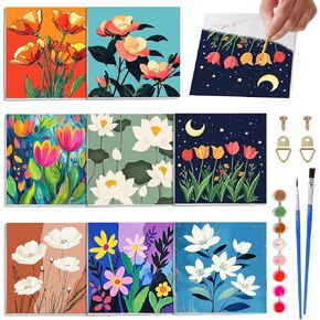 SKRYUIE 8 Pack Art Boards Set Paint by Numbers Kits for Adults Flower, Acrylic Mountain Oil Painting pre Drawn Canvas for Painting for Beginner with Brushes for Home Decor 7.87x7.87 inch / 20x20