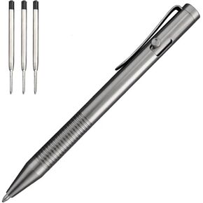 Cool Hand 4.8'' Titanium Alloy Bolt Action Pen, Ballpoint Ink Refillable, Stainless Steel Pocket Clip EDC Business Collection Stylus, with 3 Free Refills, Silver