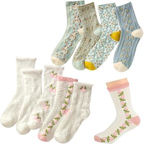 Coume 9 Pairs Cute Floral Socks Coquette Flower Socks Cottagecore Frilly Fancy Cotton Socks Casual Crew Socks for Women