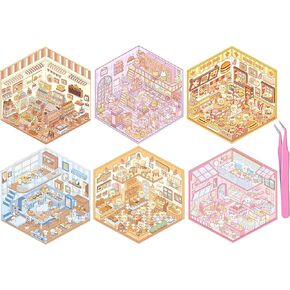 DIY 3D Miniature Sticker Scene, 6 Sets 3D House Stickers Make Your Own Mini Shop Scenes Stickers for Girls, Cute Kawaii Cartoon Animal Sticker for ASMR Crafting Kids Adult Relief Stress Pass The Time