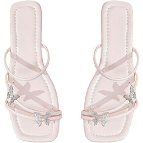 Women's Rhinestone Butterfly Strappy Slide Sandals Square Open Toe Glitter Elegant Flats