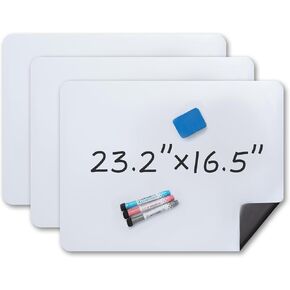 3 PCS Magnetic Dry Erase Board Sheet for Fridge, 23.2"x16.5" Erasable Refrigerator WhiteBoard，3 Markers & 1 Eraser- Smooth and Flexible Magnet Blank Notepad for Home Kitchen Organizer、Planner, Office