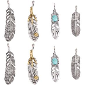 GORGECRAFT 1 Box 8PCS Silver Golden Alloy Big Feather Turquoise Pendant Stainless Steel Silver Feather Charms Necklace Feather Dangle Antique Charms for Diy Key Chain Jewelry Making Findings