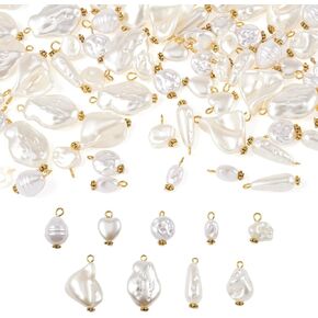 Cheriswelry 48Pcs Platinum Round Acrylic Imitation Pearl Charms Golden Teardrop Pearl Pendents Crafts with Alloy Findings 8 Styles 9-13mm for DIY Necklace Bracelet Earring Jewelry Making