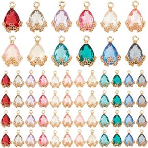 PH PandaHall 60pcs Teardrop Pendants, 12 Colors Transparent Faceted Charms Glass Crystal Pendants with Light Gold Alloy Accessory for Necklace Earring Bracelet Jewelry Craft Making, 20x12.5mm