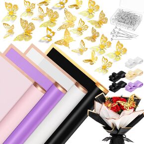 Ctosree 24 Sheets Flower Wrapping Paper Kit with Ribbon 100 Bouquet Pin 36 3D Butterflies Decor for Florist Bouquet Supplies Wedding Birthday Mother's Day(Purple White Black)