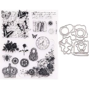 LZBRDY Vintage Flower Butterfly Clock Crown Handwriting Words Stamp and Die Set for Scrapbooking and Card Making Birthday Thanksgiving Christmas Craft Dies and Stamps