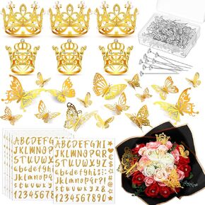 XunYee 148 Pcs Flower Bouquet Accessories Include 6 Pcs Crowns 6 Pcs Glitter Letter Stickers 36 Pcs 3D Butterflies 100 Pcs Corsage Pins for Birthday Mother's Day DIY Flower Arrangement (Gold)