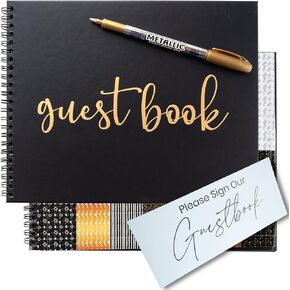 Paper 'n Such Black Guest Book for Funeral, Wedding Reception, Graduation, Spiral Hardcover with Blank Pages for Polaroid Pictures, Birthday, Bridal or Baby Shower, Vacation House -10x8"