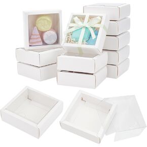 BENECREAT 20Pcs Clear Square Paper Boxes with Clear PVC Window, 3.3×3.3×1.3Inches Paper Gift Packaging Box for Wedding Favor, Festival Gift, Chocolates, Cookies, Small Crafts