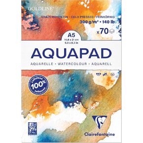 Clairefontaine 975720C Goldline Aquapad Glued Pad – 70 Sheets of White Watercolour Paper Medium Fine Grain A5 14.8 x 21 cm 300 g