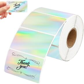 500Pcs 1.26" x 2.24" Holographic Sticker Labels Rectangle Thermal Stickers Silver Paper Waterproof Self Adhesive Reflective Printer Label Tape Sticker for Wrapping Price DIY Craft Custom Logo