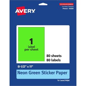 Avery Printable Sticker Paper, 8-1/2" x 11", Full-Sheet Labels, Neon Green Labels, Laser/Inkjet, 10 Total, Great for Packaging Labels and Stickers