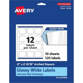 Avery Glossy White Arched Square Labels with Sure Feed, 2" x 2-3/16", 300 Glossy White Labels, Print-to-The-Edge, Permanent Label Adhesive, Laser/Inkjet Printable Labels