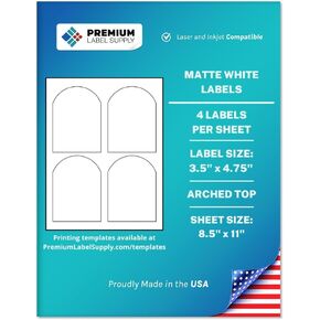 Premium Label Supply White Sticker Product Labels – 3.5" x 4.75" Arched Top – Laser/Inkjet Compatible – (4 per Sheet), 25 Sheets – 100 Total Adhesive Labels