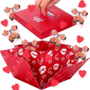 Galentine's Day Butterfly Explosion Gift Box with Lid, DIY Unique Exploding Surprise Love Heart Red Gift Box with Red Lip for Galentine's Day, Wedding, Anniversaries