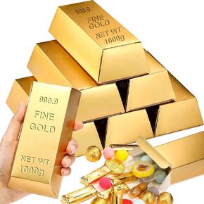 24Pcs Gold Bar Party Foil Favor Boxes Paper Golden Favor Boxes with FINE GOLD 999.9 Embossed Pattern for Pirate Casino Theme Halloween Christmas Party Decorations Candy Treats Chocolate, 5.5 x 3.2In