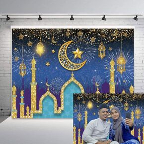 Eid Mubarak Background Muslim Arabian Night Backdrop Lantern Moon Star Castle Decoration Party Banner Photography Photo Booth Props (7x5FT)