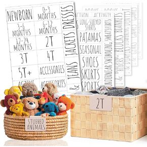 Hygge & Sage Nursery Organization and Kids Room Organization Label Stickers | 144 Clear Preprinted Stickers with Black Print | Easy to Remove Labels for Kids Playroom Storage or Nursery Storage