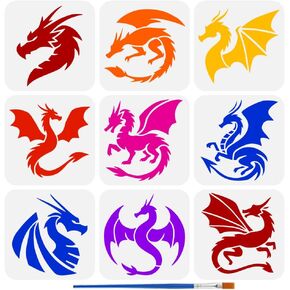 Fingerinspire 9 PCS Dragon Painting stencil 5.9x5.9inch Dragon Silhouette قالب مع فرشاة الطلاء مجوفة التنين مع أجنحة استنسل قابلة لإعادة الاستخدام القابل لإعادة الاستخدام القابل لإعادة الاستخدام