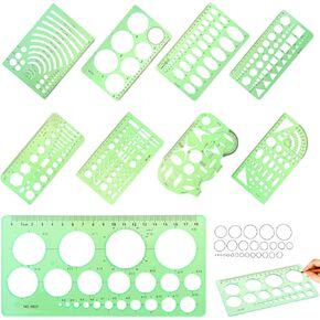 9 Piece Geometric Drawing Template Measuring Ruler Geometric Measuring Tools Transparent Green Plastic Ruler for Studying, Designing and Building