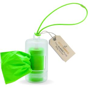 Woof & Barks CLEAR Dog Poop Bag Holder and Dispenser with Leash Attachment, Includes 1 Standard Roll of Green Poop Bags