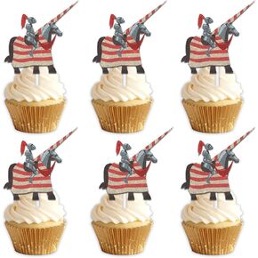 18pcs Glitter Dessert Cupcake Topper Pick for Medieval Knights Theme Decorations Men Boys Happy Birthday Party Decor Supplies