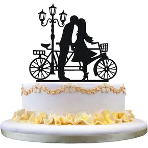 Wedding cake topper silhouette BF GF kissing beside Lamp and Tandem bicycle
