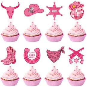 48PCS Western Disco Cow Girl Cupcake Toppers Let's Go Girls Cupcake Picks Cowgirl Birthday Party Decorations Western Cowgirl Cupcake Picks for Rodeo Pink Cowgirl Theme Birthday Party Supplies