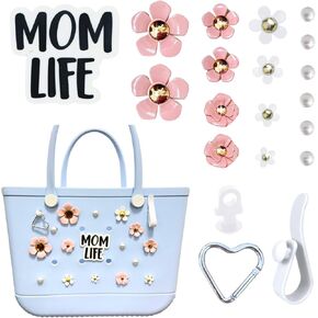 Bogg Bag Charms Pearl Flower Charms Hooks Set for Bogg Bag Accessories, Momlife Bag Charms for Beach Tote Bag, Rubber Beach Totes Accessories