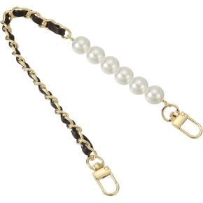 uxcell Leather Wristlet Strap, 350mm/14-inch Imitation Pearl Short Handle Hand Wrist Purse Chain Strap Replacement for Mobile Case Clutch Wallet Keychain Bags DIY (White, Gold)