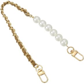 uxcell Leather Wristlet Strap, 350mm/14-inch Imitation Pearl Short Handle Hand Wrist Purse Chain Strap Replacement for Mobile Case Clutch Wallet Keychain Bags DIY (White, Gold)