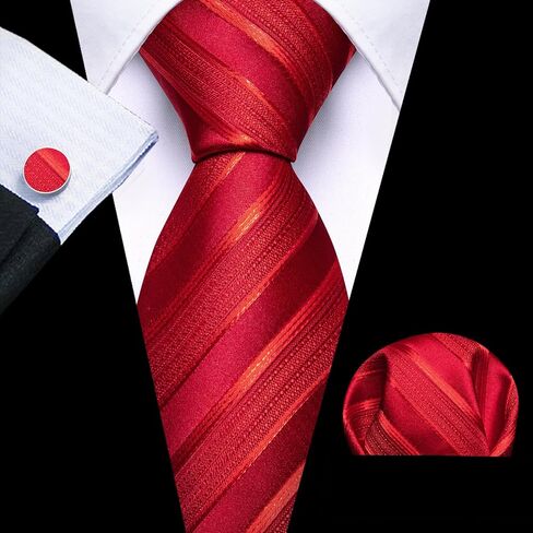Barry.Wang Stripe Men Ties Set Classic WOVEN Necktie with Handkerchief Cufflinks Formal in Kuwait