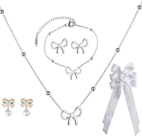 Bow Coquette Jewelry Set 6PCS, Gold Bow Necklace, Pearl Bow Earrings, Pink & White Bows for Hair for Women Coquette Accessories Trendy Gifts Coquette Stuff, Valentines Gift in Saudi Arabia