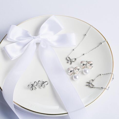 Bow Coquette Jewelry Set 6PCS, Gold Bow Necklace, Pearl Bow Earrings, Pink & White Bows for Hair for Women Coquette Accessories Trendy Gifts Coquette Stuff, Valentines Gift in Saudi Arabia