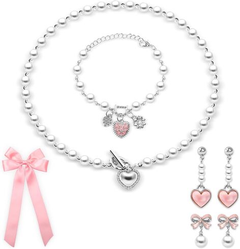 Bow Coquette Jewelry Set 6PCS, Gold Bow Necklace, Pearl Bow Earrings, Pink & White Bows for Hair for Women Coquette Accessories Trendy Gifts Coquette Stuff, Valentines Gift in Saudi Arabia