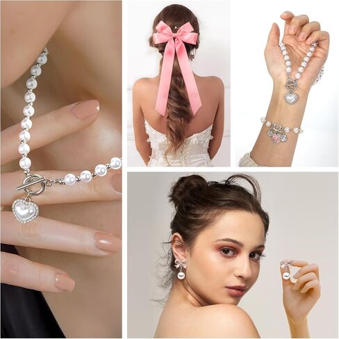Bow Coquette Jewelry Set 6PCS, Gold Bow Necklace, Pearl Bow Earrings, Pink & White Bows for Hair for Women Coquette Accessories Trendy Gifts Coquette Stuff, Valentines Gift in Saudi Arabia