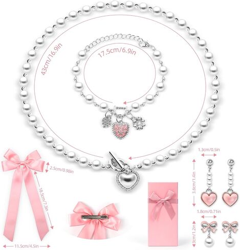 Bow Coquette Jewelry Set 6PCS, Gold Bow Necklace, Pearl Bow Earrings, Pink & White Bows for Hair for Women Coquette Accessories Trendy Gifts Coquette Stuff, Valentines Gift in Saudi Arabia