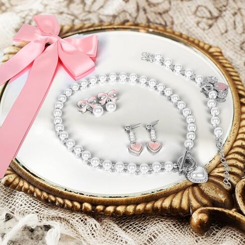 Bow Coquette Jewelry Set 6PCS, Gold Bow Necklace, Pearl Bow Earrings, Pink & White Bows for Hair for Women Coquette Accessories Trendy Gifts Coquette Stuff, Valentines Gift in Saudi Arabia