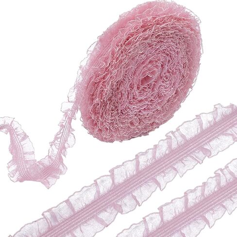 GORGECRAFT 20Yds Ruffled Pleated Lace Trim Ribbon 1.2" Double Ruffle Elastic Stretch Lace Edge Trimmings Gathered Fringe Appliques for Dress Wedding Collars DIY Sewing Crafts Decor Gift Wrapping Pink in Saudi Arabia