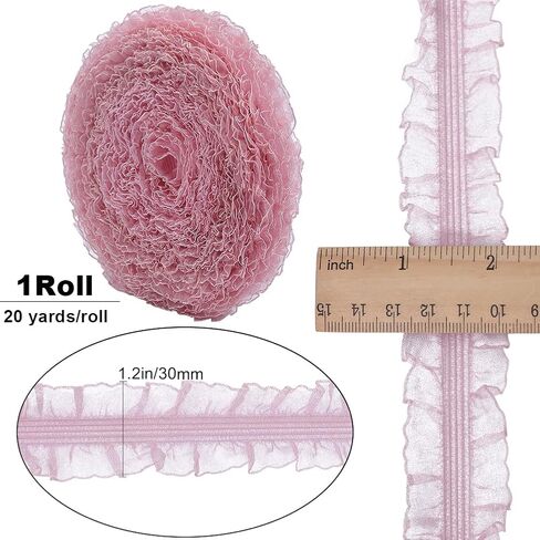 GORGECRAFT 20Yds Ruffled Pleated Lace Trim Ribbon 1.2" Double Ruffle Elastic Stretch Lace Edge Trimmings Gathered Fringe Appliques for Dress Wedding Collars DIY Sewing Crafts Decor Gift Wrapping Pink in Saudi Arabia