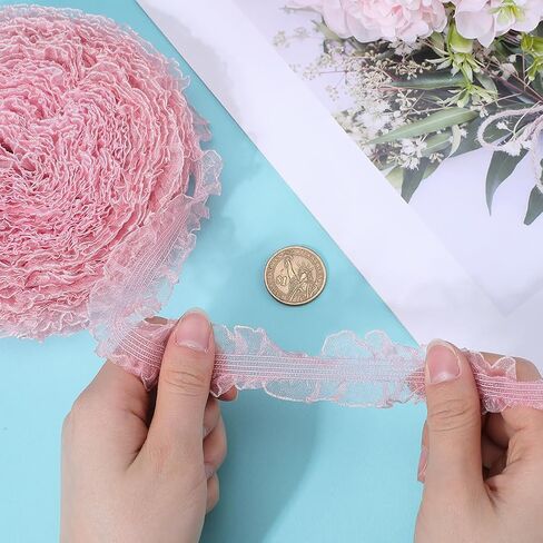 GORGECRAFT 20Yds Ruffled Pleated Lace Trim Ribbon 1.2" Double Ruffle Elastic Stretch Lace Edge Trimmings Gathered Fringe Appliques for Dress Wedding Collars DIY Sewing Crafts Decor Gift Wrapping Pink in Saudi Arabia